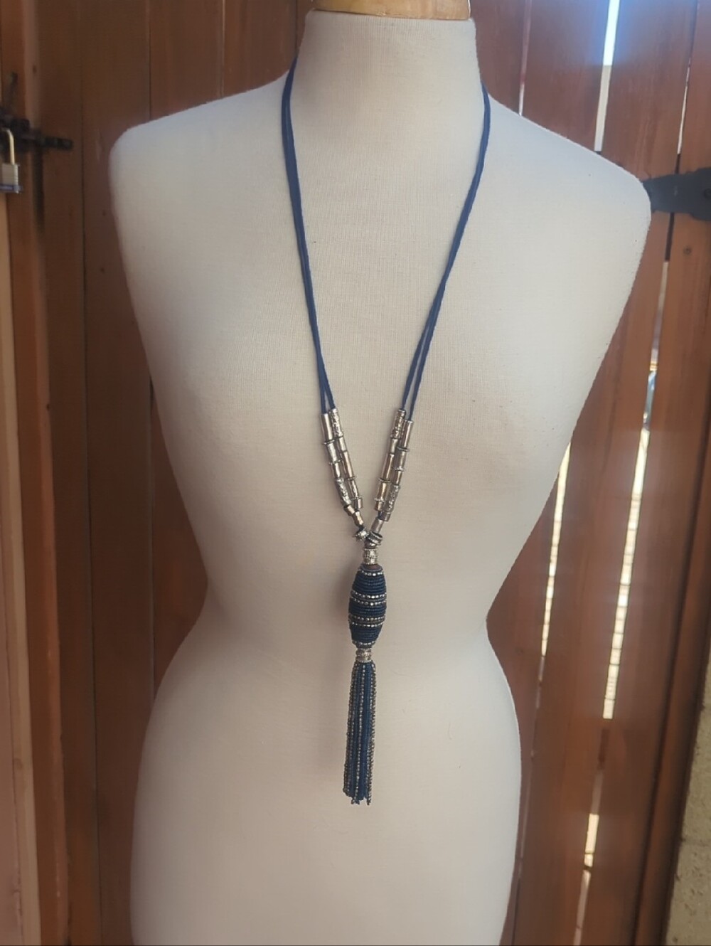 Chico's Navy Beaded Tassel Necklace with Silver Accents